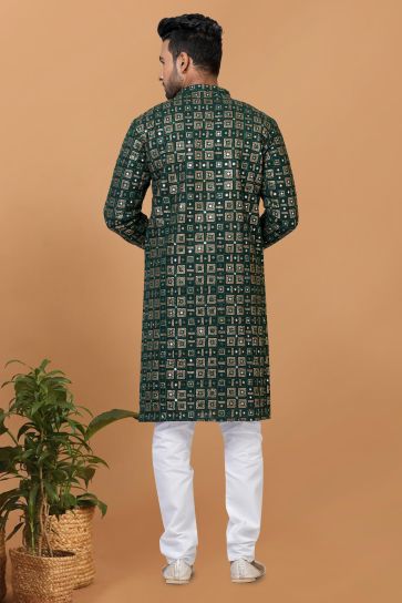 Georgette Fabric Green Color Sequins Embroidery Trendy Readymade Men Kurta Pyjama