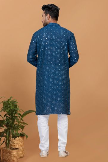 Sequins Embroidery Appealing Teal Color Cotton Fabric Readymade Kurta Pyjama For Men