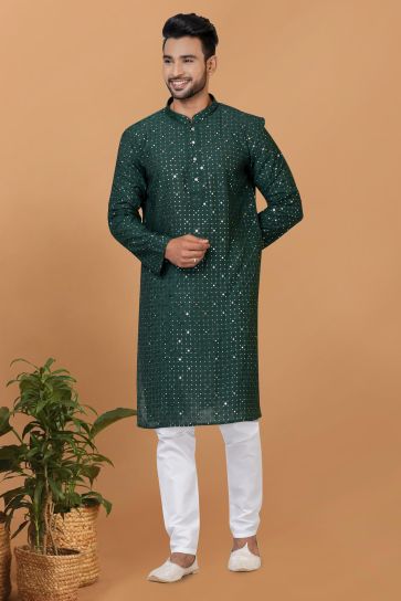 Dark Green Color Sequins Embroidery Engaging Cotton Fabric Readymade Kurta Pyjama For Men