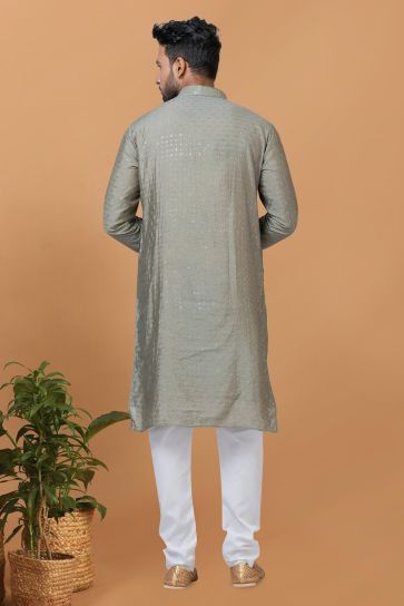 Grey Color Cotton Fabric Sequins Embroidery Captivating Readymade Kurta Pyjama For Men