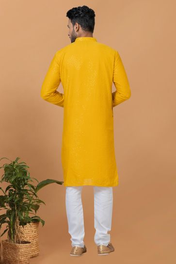 Fetching Yellow Cotton Fabric Sequins Embroidery Readymade Kurta Pyjama For Men