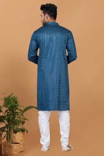 Sequins Embroidery Blue Color Gorgeous Gajji Silk Readymade Kurta Pyjama For Men