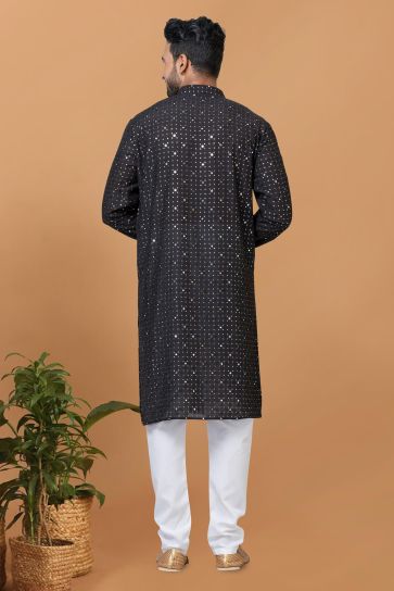 Black Color Sequins Embroidery Cotton Fabric Striking Readymade Kurta Pyjama For Men
