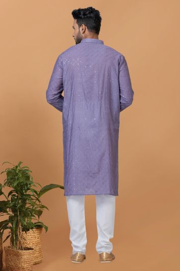 Stunning Cotton Fabric Sequins Embroidery Readymade Kurta Pyjama For Men