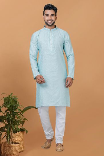 Sequins Embroidery Sky Blue Color Pretty Readymade Kurta Pyjama For Men In Cotton Fabric