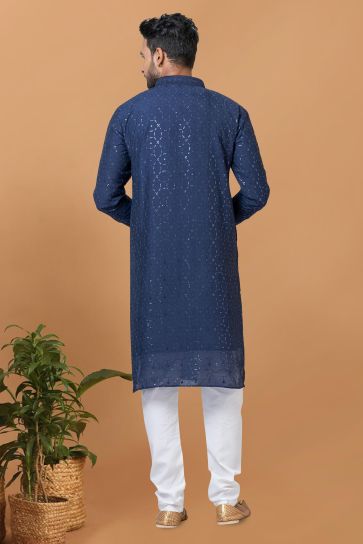 Beautiful Sequins Embroidery Cotton Fabric Readymade Kurta Pyjama For Men In Navy Blue Color