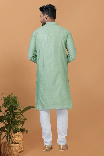 Attractive Sequins Embroidery Readymade Kurta Pyjama For Men In Sea Green Color Cotton Fabric
