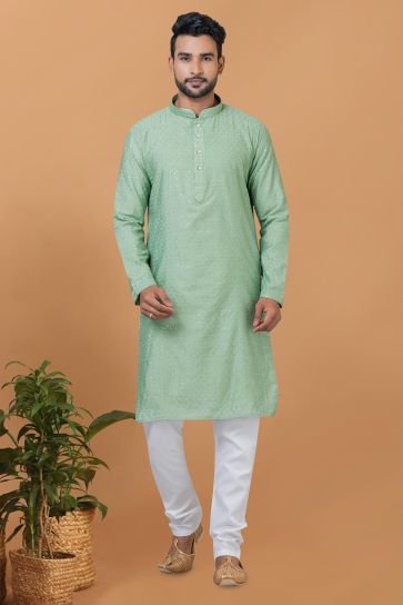 Attractive Sequins Embroidery Readymade Kurta Pyjama For Men In Sea Green Color Cotton Fabric