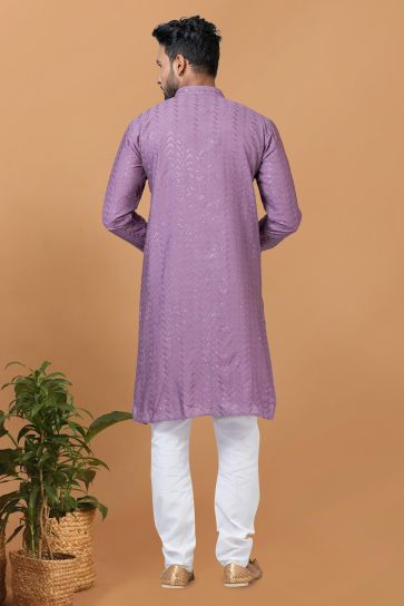 Sequins Embroidery Fancy Lavender Color Cotton Fabric Readymade Kurta Pyjama For Men