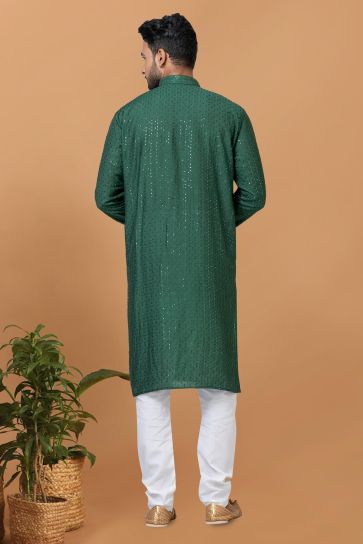 Cotton Fabric Sequins Embroidery Green Color Readymade Men Stylish Kurta Pyjama