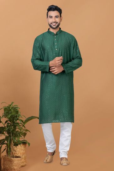 Cotton Fabric Sequins Embroidery Green Color Readymade Men Stylish Kurta Pyjama