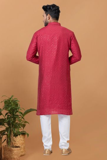 Red Cotton Fabric Sequins Embroidery Trendy Readymade Kurta Pyjama For Men