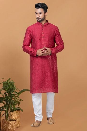 Red Cotton Fabric Sequins Embroidery Trendy Readymade Kurta Pyjama For Men