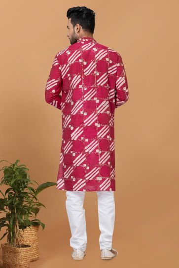 Rani Color Pretty Readymade Kurta Pyjama For Men In Chanderi Fabric