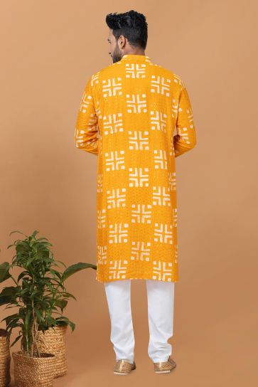 Beautiful Chanderi Fabric Readymade Kurta Pyjama For Men In Yellow Color