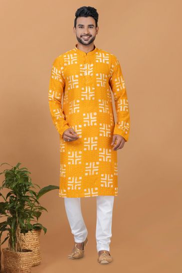 Beautiful Chanderi Fabric Readymade Kurta Pyjama For Men In Yellow Color