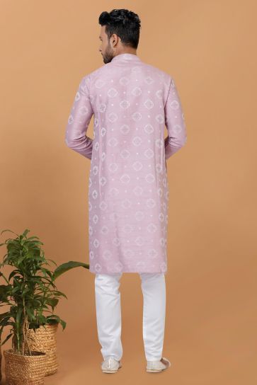 Art Silk Fabric Attractive Readymade Kurta Pyjama For Men In Lavender Color
