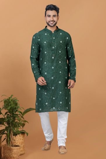 Dark Green Color Chanderi Fabric Readymade Kurta Pyjama For Men