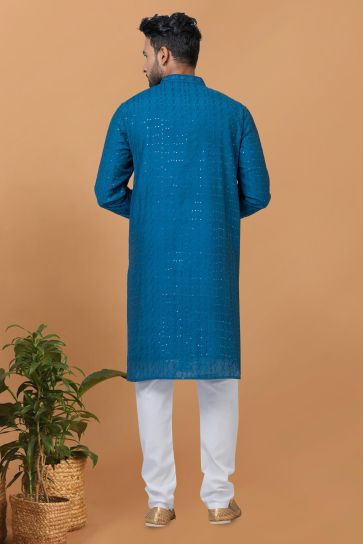 Teal Cotton Fabric Trendy Readymade Kurta Pyjama For Men