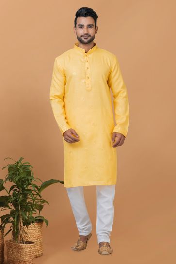 Stunning Yellow Color Readymade Men Kurta Pyjama