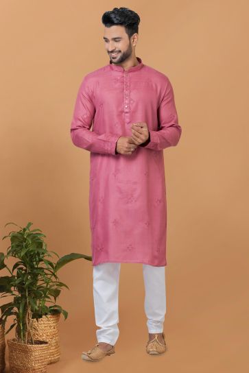 Pink Color Readymade Lovely Kurta Pyjama For Men