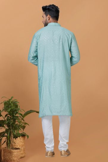 Pretty Cotton Fabric Readymade Men Kurta Pyjama In Light Cyan Color
