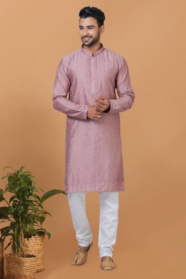Beautiful Lavender Color Readymade Kurta Pyjama For Men In Cotton Fabric