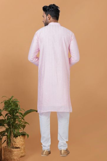 Pink Color Cotton Fabric Readymade Kurta Pyjama For Men