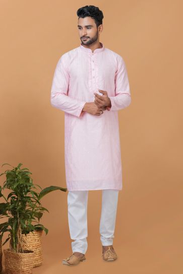 Pink Color Cotton Fabric Readymade Kurta Pyjama For Men