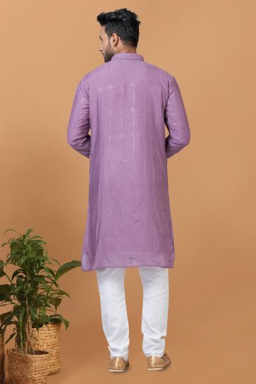 Purple Cotton Fabric Readymade Kurta Pyjama For Men
