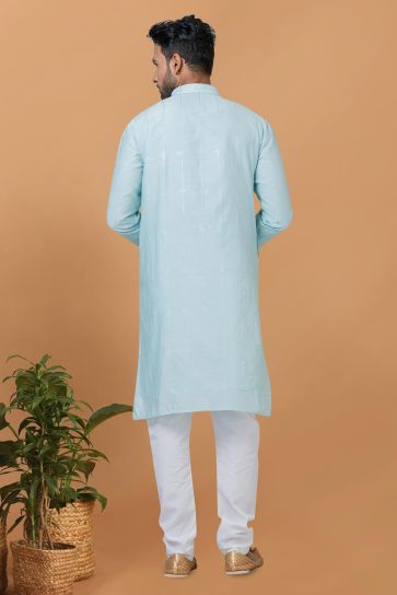 Cotton Sky Blue Color Readymade Kurta Pyjama For Men