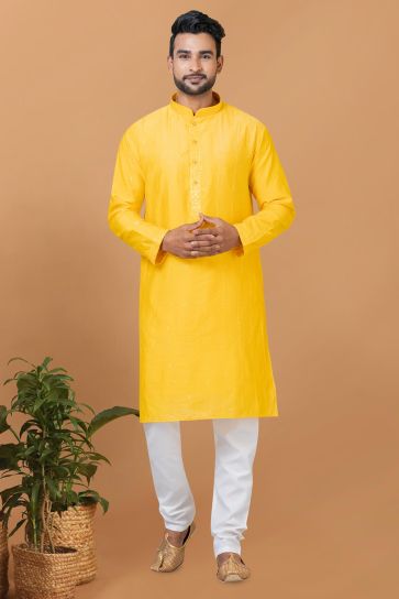 Yellow Color Cotton Fabric Fancy Readymade Kurta Pyjama For Men