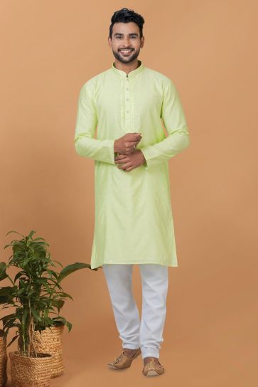 Cotton Fabric Sea Green Color Trendy Readymade Men Kurta Pyjama