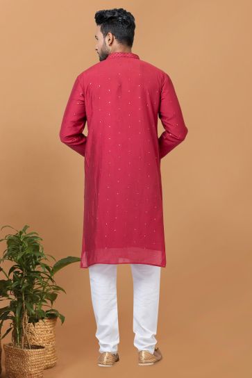 Red Color Cotton Fabric Designer Readymade Kurta Pyjama For Men