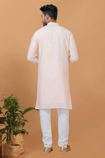 Appealing Peach Color Cotton Fabric Readymade Kurta Pyjama For Men