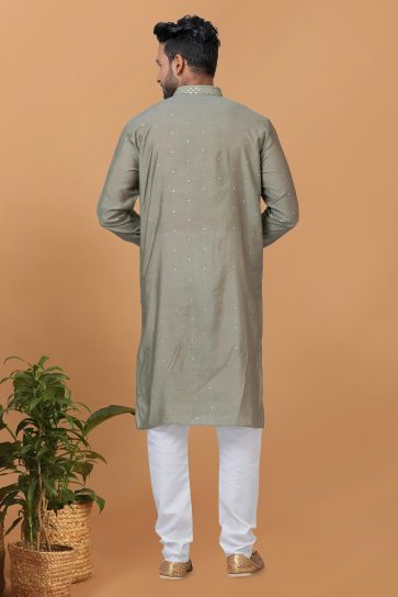 Olive Color Engaging Cotton Fabric Readymade Kurta Pyjama For Men