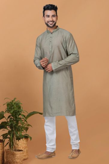 Olive Color Engaging Cotton Fabric Readymade Kurta Pyjama For Men