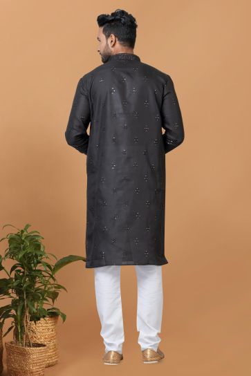 Black Color Cotton Fabric Captivating Readymade Kurta Pyjama For Men