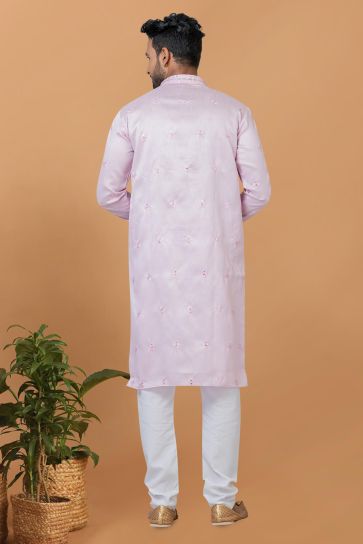 Fetching Pink Art Silk Fabric Readymade Kurta Pyjama For Men