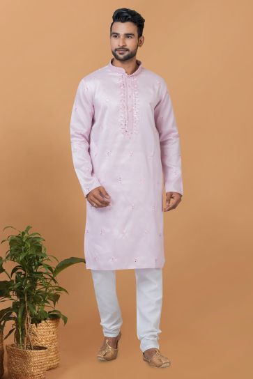 Fetching Pink Art Silk Fabric Readymade Kurta Pyjama For Men