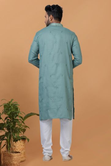 Cyan Color Gorgeous Cotton Readymade Kurta Pyjama For Men