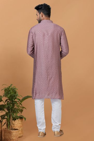 Sequins Embroidery Lavender Cotton Graceful Readymade Men Kurta Pyjama For Festive Wear