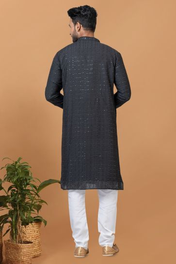 Cotton Sequins Embroidery Black Magnificent Readymade Men Kurta Pyjama For Sangeet Wear