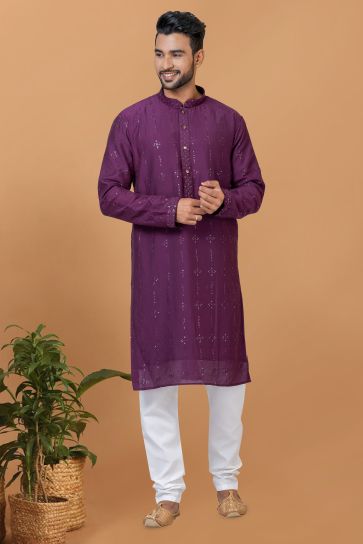 Sequins Embroidery Purple Color Reception Wear Readymade Cotton Fabric Kurta Pyjama For Men