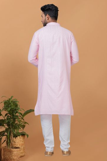 Cotton Fabric Sequins Embroidery Function Wear Readymade Pink Color Kurta Pyjama For Men