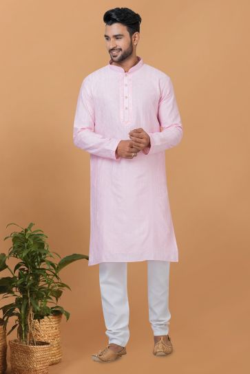 Cotton Fabric Sequins Embroidery Function Wear Readymade Pink Color Kurta Pyjama For Men