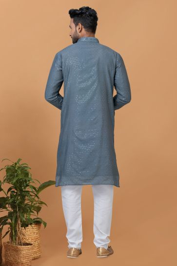 Festive Wear Sequins Embroidery Readymade Kurta Pyjama For Men In Grey Cotton Fabric