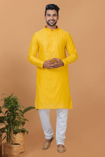 Sequins Embroidery Sangeet Wear Readymade Kurta Pyjama For Men In Cotton Yellow Color