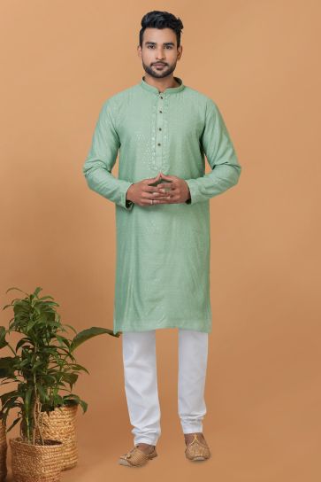 Sea Green Color Sequins Embroidery Cotton Fabric Function Wear Fancy Readymade Kurta Pyjama For Men