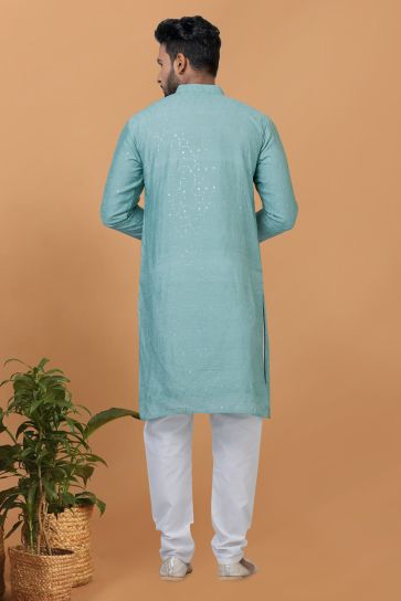 Cotton Fabric Cyan Color Sequins Embroidery Festive Wear Trendy Readymade Men Kurta Pyjama